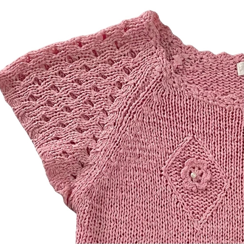 Pink Hand Knit Cap Sleeve Crew Neck Stretch Top SzS - Picture 3 of 10